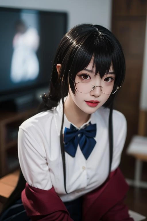 Top Quality, Masterpiece, High Detail, Most Realistic, High Definition, 16 Years Old Japan Beautiful Girl, Cat Ears, Maid Clothes, Red-rimmed Glasses, Looking Here, Smile, Bob Cut