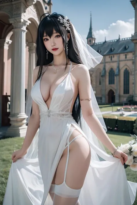 ultra-detailed,highly detailed,best quality,masterpiece,illustration,
1girl, taihou,taihou \(azur lane\), cosplay, wedding dress, cowboy shot,
very long hair, hair ornament,
outdoors,grass,flower, blue sky, cathedral,
<lora:taiho wedding_0808v1_03:0.6>