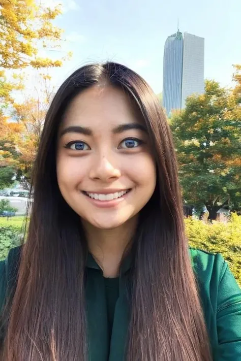 (masterpiece:1.2), (best quality,:1.2), a woman with long hair wearing a green shirt, black leather jacket, smile:0.6, looking at the viewer, cityscape, from the front, beautiful face, detailed face, portrait, perfect composition, face close up, <lora:Abigail_Model:1>
