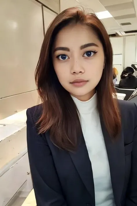 (masterpiece:1.2), (best quality,:1.2), a woman with shoulder length hair, intense gaze, wearing a blazer, skirt, standing, office suit:1.2, ceo of a corporation, turtleneck, solo, looking at the viewer, from front, office background beautiful face, detailed face, photorealism, perfect composition, half body, dark eyes, <lora:Abigail_Model:1>