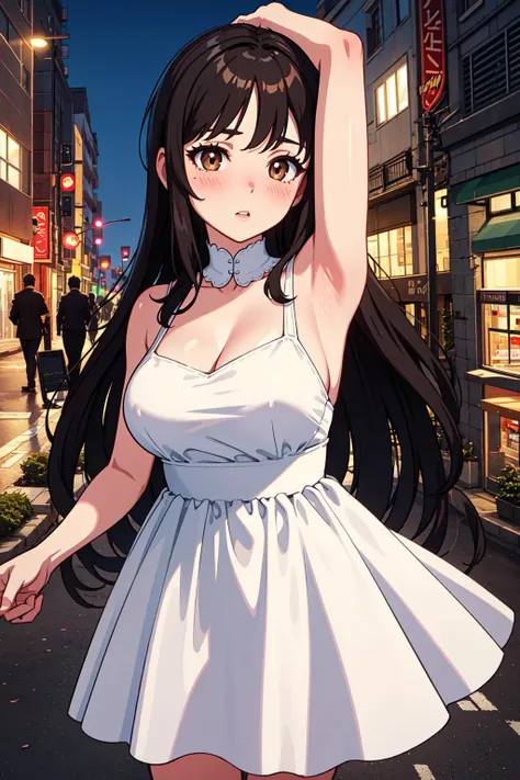 masterpiece, high quality, best quality, beautiful, 3d, perfect lighting, detailed face, detailed body, 1 girl, solo, black long hair, brown eyes, white short dress, large breasts, blush, with the street in the background,