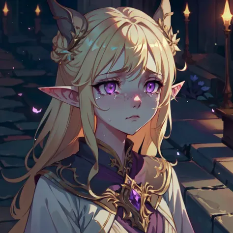 masterpiece, 4k, 1girl, blonde, pointy ears, elf, staggirl, feminine face, purple eyes, (looking away1.2), crying with eyes open,
(depressed, sad, melancholy),
volumetric lighting, dark lighting, shadows 
<lora:LilLizzie-MJPortrait-V1:1>