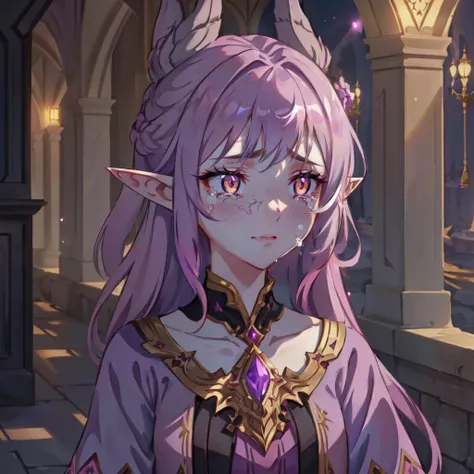 masterpiece, 4k, 1girl, purple hair, pink skin, pointy ears, elf, staggirl, feminine face, yellow eyes, (looking away1.2)
(depressed:1.2, sad:0.8, melancholy),
volumetric lighting, dark lighting, shadows
<lora:LilLizzie-MJPortrait-V1:1>