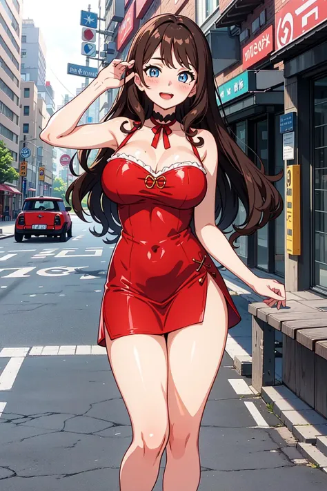 masterpiece, high quality, best quality, beautiful, hd, perfect lighting, detailed face, detailed body, 1 woman, (milf),  solo, (Brown curly long hair), blue eyes, big breasts, ((red mini dress)), (blush), smile, open mouth, (morning), street in the background, sexy pose, (open neckline),