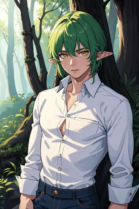 masterpiece, high quality, best quality, beautiful, hd, realistic, perfect lighting, detailed face, detailed body, 1 man, solo, green hair, yellow eyes, elf, (white unbuttoned shirt), black jeans, brutal, muscles, forest background,