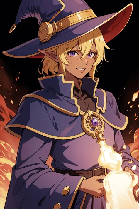 masterpiece, high quality, best quality, beautiful, hd, realistic, perfect lighting, detailed face, detailed body, 1 man, yellow hair, elf, brutal, skinny, dark purple magician hat, dark purple magician clothes, dark skin, evil smile, fire magic,
