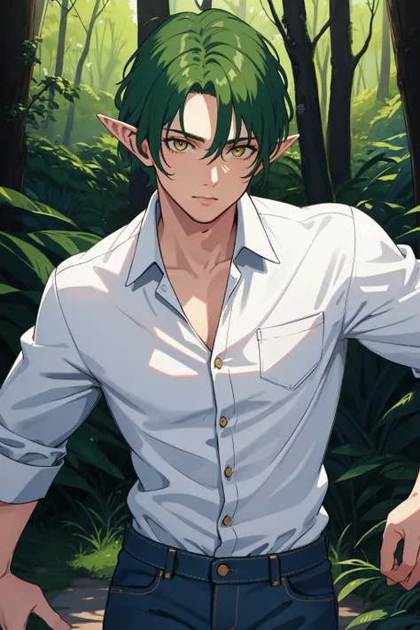 masterpiece, high quality, best quality, beautiful, hd, realistic, perfect lighting, detailed face, detailed body, 1 man, solo, green hair, yellow eyes, elf, (white unbuttoned shirt), black jeans, brutal, muscles, forest background,
