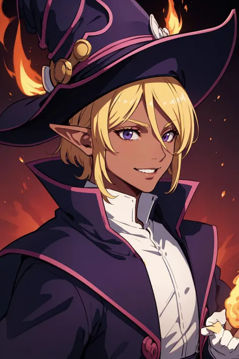 masterpiece, high quality, best quality, beautiful, hd, realistic, perfect lighting, detailed face, detailed body, 1 man, yellow hair, elf, brutal, skinny, dark purple magician hat, dark purple magician clothes, dark skin, evil smile, fire magic,