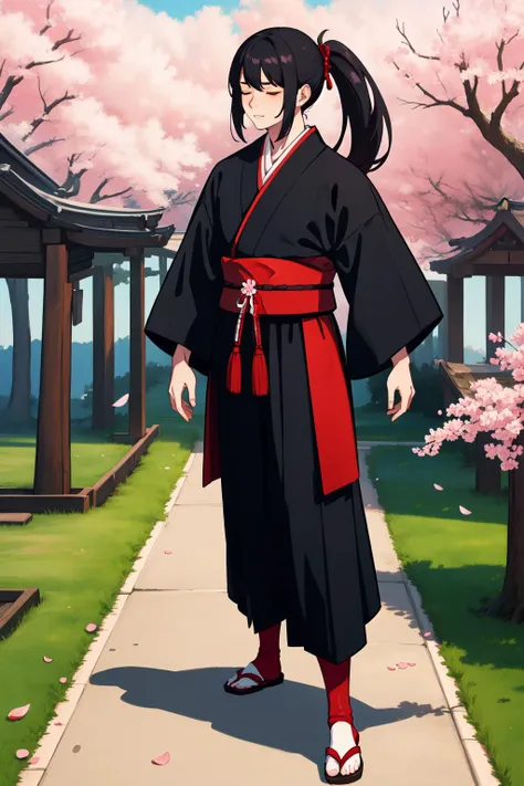 masterpiece, high quality, best quality, beautiful, hd, realistic, perfect lighting, detailed face, detailed body, (1 man), black long hair, (ponytail), (red samurai clothes), samurai, standing, closed eyes, wind, (sakura),sakura petals, (brutal), courageous, full body