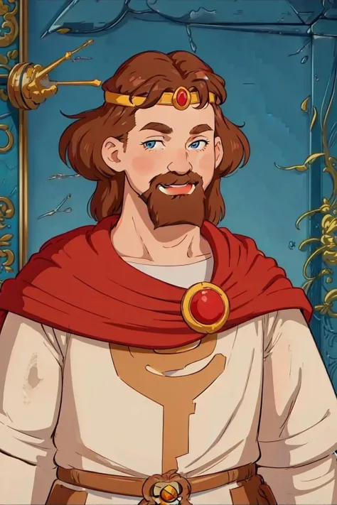masterpiece, high quality, best quality, beautiful, hd, perfect lighting, detailed face, detailed body,solo, <lora:knyazkiv:0.6>, knyazkiv, looking at viewer, smile, blue eyes, brown hair, 1boy, upper body, male focus, cape, facial hair, blush stickers, thick eyebrows, crown, beard, circlet, mustache, red cape