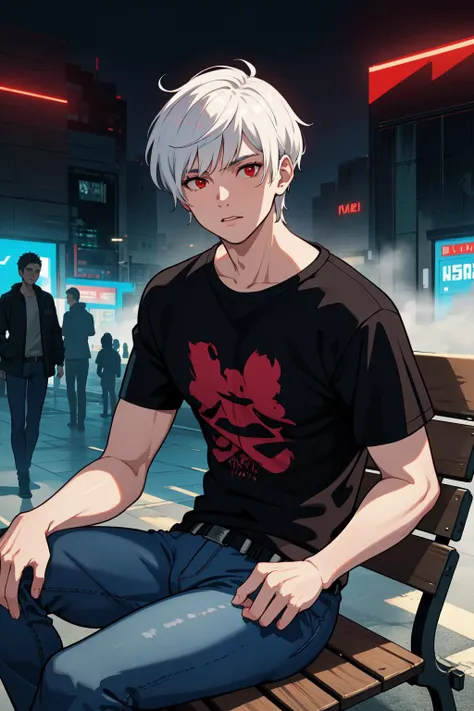 masterpiece, high quality, best quality, beautiful, hd, realistic, perfect lighting, detailed face, detailed body, 1 man, (white hair), red eyes, manly, (brutal), black t-shirt, jeans, sitting on a bench,  ((cyberpunk)), (fog)