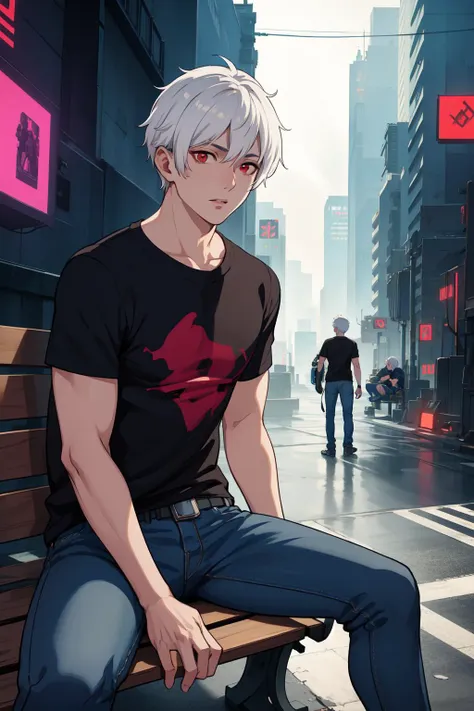 masterpiece, high quality, best quality, beautiful, hd, realistic, perfect lighting, detailed face, detailed body, 1 man, (white hair), red eyes, manly, (brutal), black t-shirt, jeans, sitting on a bench,  ((cyberpunk)), (fog)