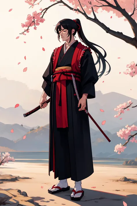 masterpiece, high quality, best quality, beautiful, hd, realistic, perfect lighting, detailed face, detailed body, (1 man), black long hair, (ponytail), (red samurai clothes), samurai, standing, closed eyes, wind, (sakura),sakura petals, (brutal), courageous, full body