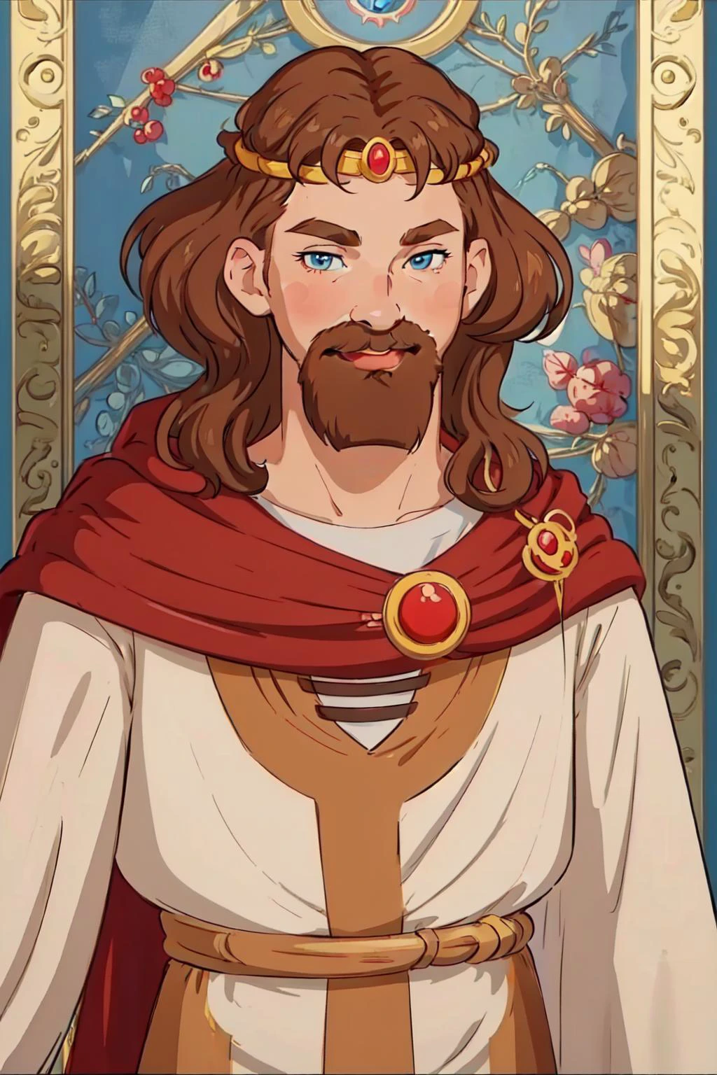 masterpiece, high quality, best quality, beautiful, hd, perfect lighting, detailed face, detailed body,solo, <lora:knyazkiv:0.6>, knyazkiv, looking at viewer, smile, blue eyes, brown hair, 1boy, upper body, male focus, cape, facial hair, blush stickers, thick eyebrows, crown, beard, circlet, mustache, red cape