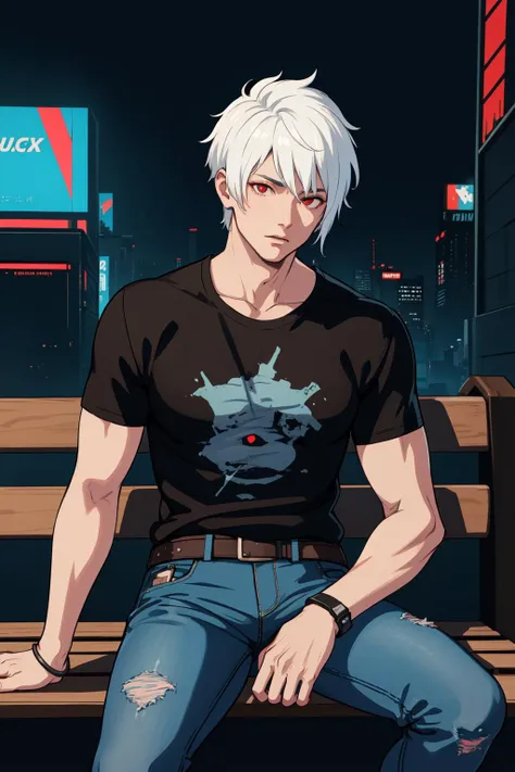 masterpiece, high quality, best quality, beautiful, hd, realistic, perfect lighting, detailed face, detailed body, 1 man, (white hair), red eyes, manly, (brutal), black t-shirt, jeans, sitting on a bench,  ((cyberpunk)), (fog)