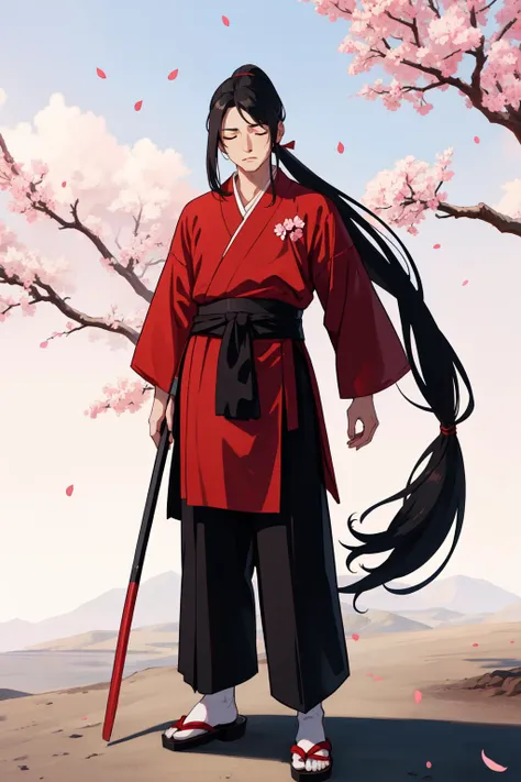 masterpiece, high quality, best quality, beautiful, hd, realistic, perfect lighting, detailed face, detailed body, (1 man), black long hair, (ponytail), (red samurai clothes), samurai, standing, closed eyes, wind, (sakura),sakura petals, (brutal), courageous, full body