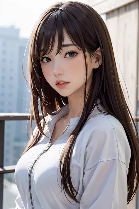 1girl, bangs, blue_eyes, blurry, blurry_background, breasts, depth_of_field, grey_background, jacket, lips, long_hair, looking_at_viewer, medium_breasts, nose, realistic, solo, souryuu_asuka_langley, upper_body, zipper