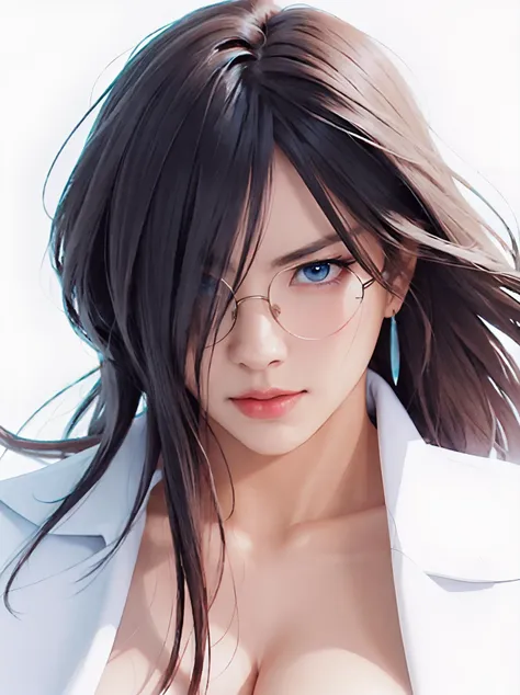 (nude:1.4),official art,masterpiece,best quality,unity 8k wallpaper,photorealistic,ultra detailed,extremely detailed,elegant,beautiful,aesthetic,romanticism,1girl,(mature female:1.6),beauty,smile,pale skin,((blue eyes)),black long hair,((detailed long hair)),head focus,(long face:2),(white background:1.4),<lora:FilmVelvia3:0.1>,<lora:minazukikyouko-nvwls-v1:0.9>,minazukikyouko,glasses,earrings,(labcoat:1.2),(close up),(huge breasts:1.3),(((face front))),(serious:1.6),(hair blowing in the wind),