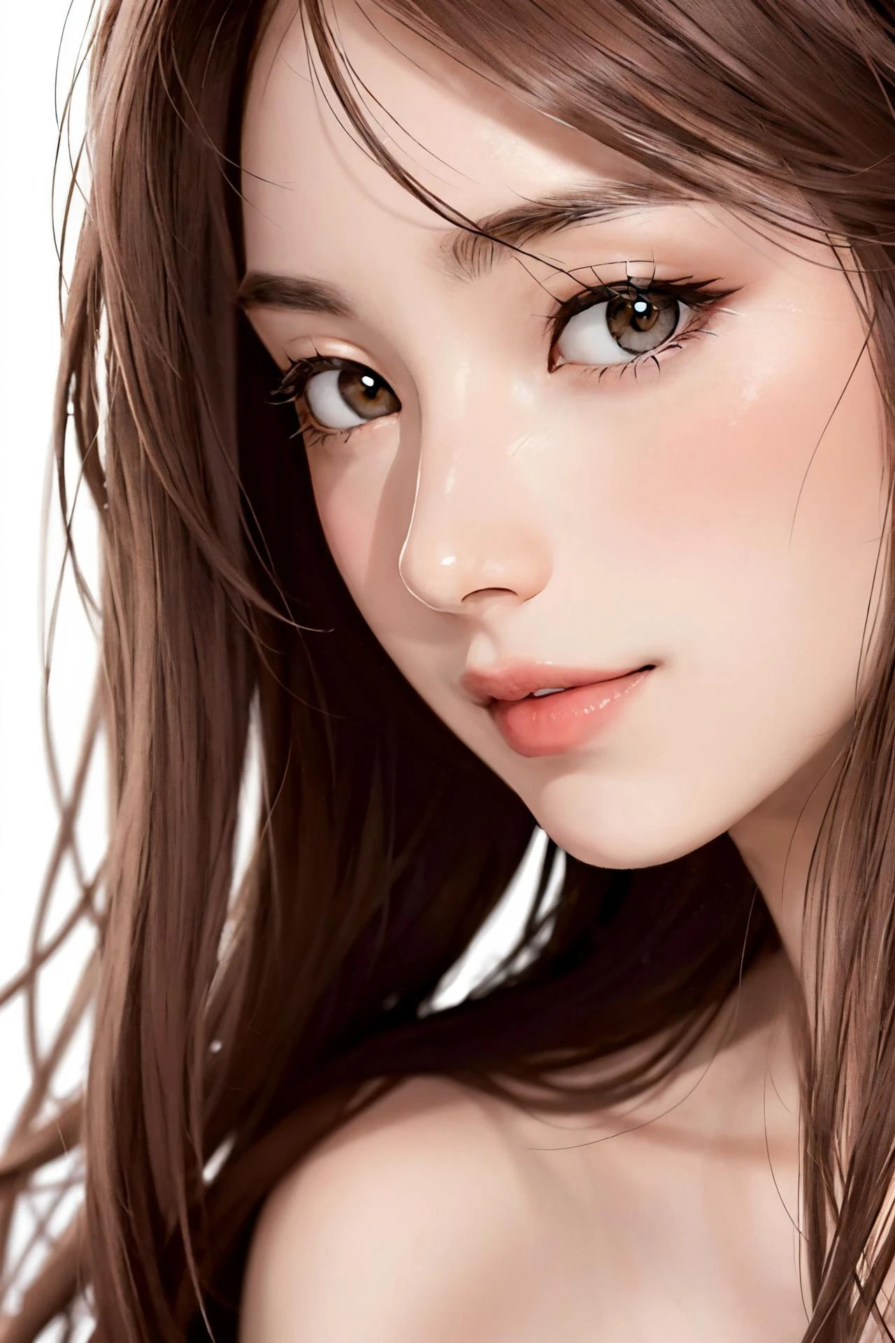 (nude:1.4), official art, masterpiece, best quality, unity 8k wallpaper, photorealistic, ultra detailed, extremely detailed, elegant, beautiful, aesthetic, romanticism, 1girl, beauty, small face, smile, pale skin, (brown eyes), black long hair, (hair blowing in the wind), ((detailed long hair)), front shot, (close up:1.6), face focus, (white background:1.4), <lora:FilmG3:0.2>
