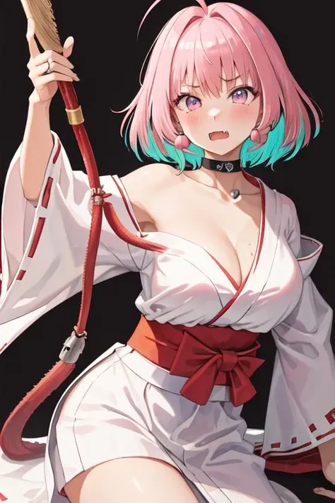 best quality, masterpiece, highres, solo, {white kimono:1.35}, {red hakama:1.35}, {wide sleeves:1.20}, {yumemi_riamu_idolmastercinderellagirls:1.15}, pink_hair, multicolored_hair, two-tone_hair, bangs, blue_hair, pink_eyes, short_hair, ahoge, hair_intakes, blush, breasts, open_mouth, large_breasts, fang, heart, collarbone, jewelry