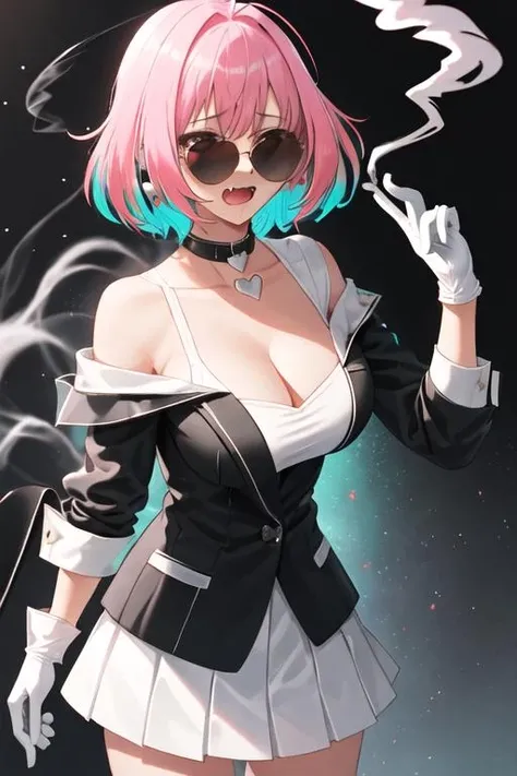best quality, masterpiece, highres, solo, {black business suit:1.40}, {tie:1.20}, {sunglasses:1.25}, {white gloves:1.15}, {white shirt:1.10}, {black skirt:1.15}, {smoking:1.20}, handsome, {yumemi_riamu_idolmastercinderellagirls:1.15}, pink_hair, multicolored_hair, two-tone_hair, bangs, blue_hair, pink_eyes, short_hair, ahoge, hair_intakes, blush, , open_mouth, large_breasts, fang, heart, collarbone, jewelry