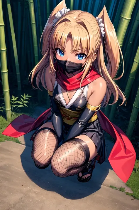 (masterpiece, best quality, detailed), 1girl, solo, futabalily, two side up, flat chest, dark skin, hair ribbon,
ninja, fishnets, mouth mask, arm guards, japanese clothes, thighhighs, red scarf, fingerless gloves, sash, outdoors, bamboo forest, nature, squatting, from above