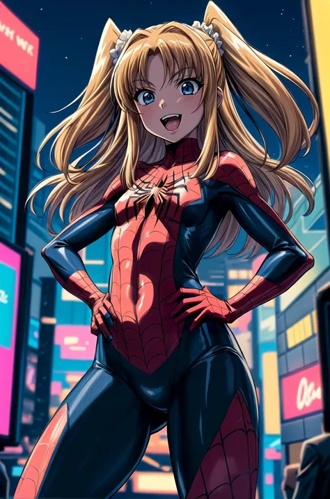 chica anime con traje de spiderman inspired en una bailarina de ballet (inspired, but igyak still maintains the spiderwoman essence) The girl is blonde and the shot is full body. The girl is saving the city and she is voluptuous and very beautiful