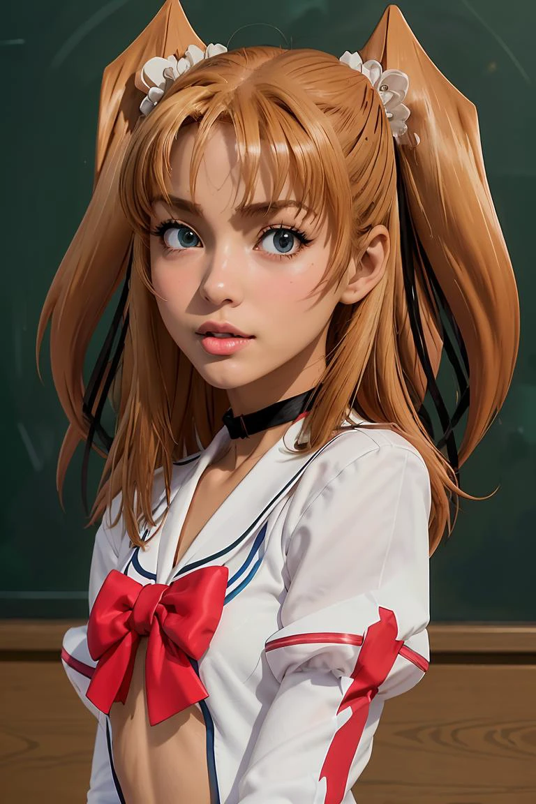 (masterpiece, best quality), 1girl, <lora:FutabaLily_v2_1:1> futabalily, two side up, flat chest, dark skin, hair ribbon, school uniform, serafuku, red bow, black choker