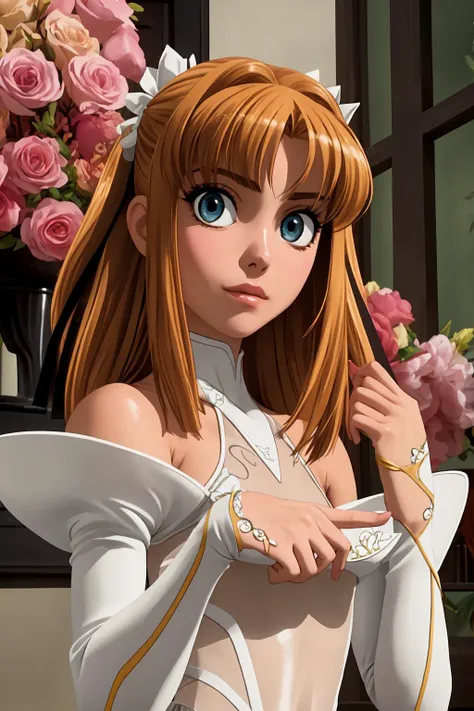 masterpiece, best quality, ultra-detailed, (perfect face, detailed face), <lora:FutabaLilyRamses:0.6>, 1girl, solo, futabalily, two side up, (dark skin:1.2), hair ribbon, flat chest, white leotard, bridal gauntlets, feet