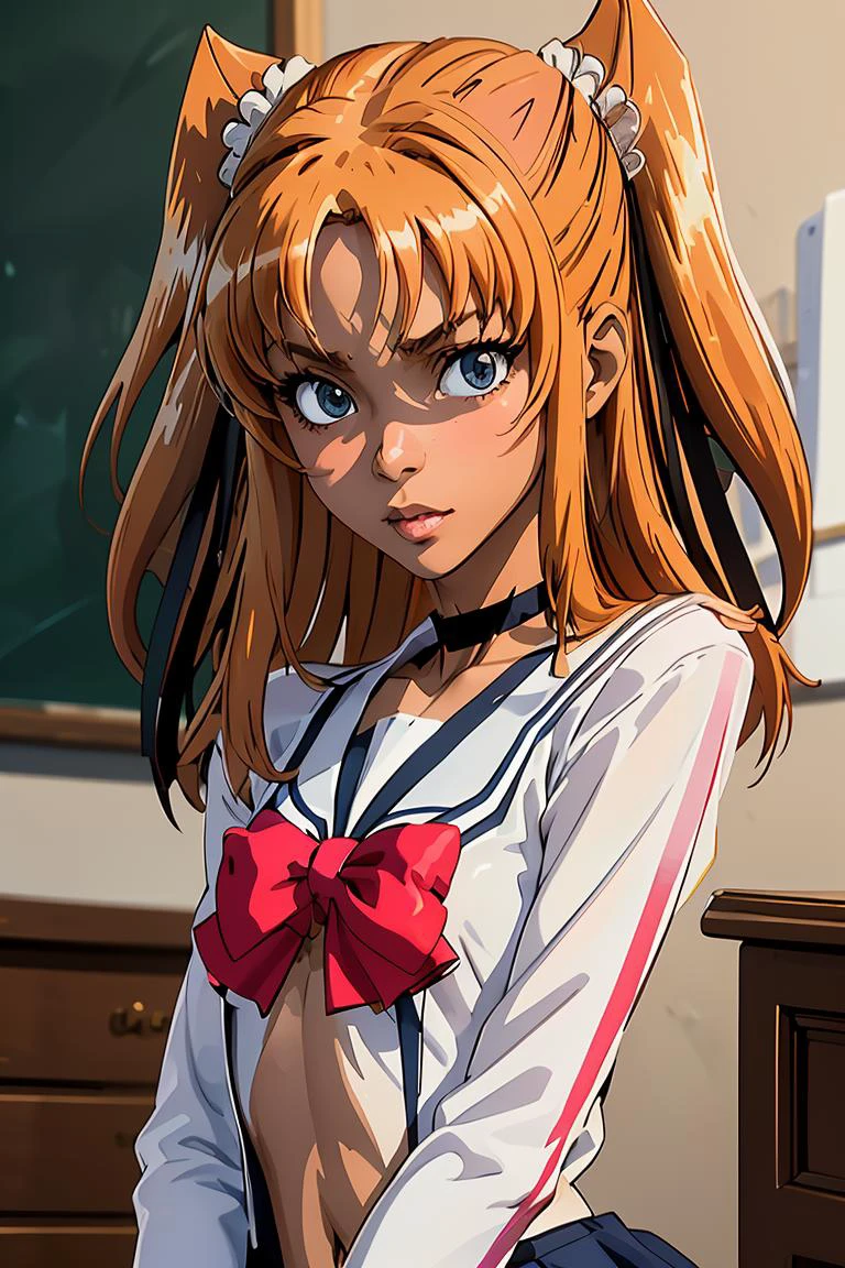 (masterpiece, best quality), 1girl, <lora:FutabaLily_v2_1:1> futabalily, two side up, flat chest, dark skin, hair ribbon, school uniform, serafuku, red bow, black choker