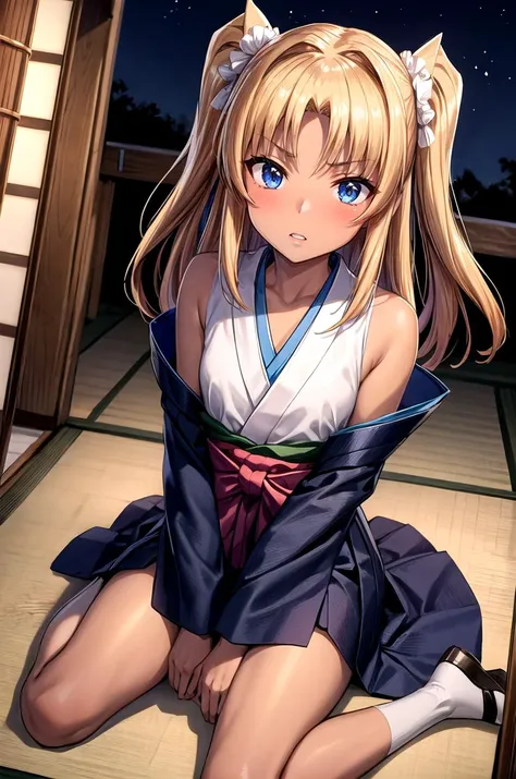 (ultra highdetail, 8k quality, best quality, extremely detailed illustration:1.2, anime coloring), (fate testarossa,short stature:1.6, small breast, :1.6, solo, red eye), ribbon, (kimono:1.4, japanese clothes:1.4), no bra, show off nipple, (breast open clothes:1.4), bottomless, show off pussy, embarrassed, shinto shrine, looking at viewer,