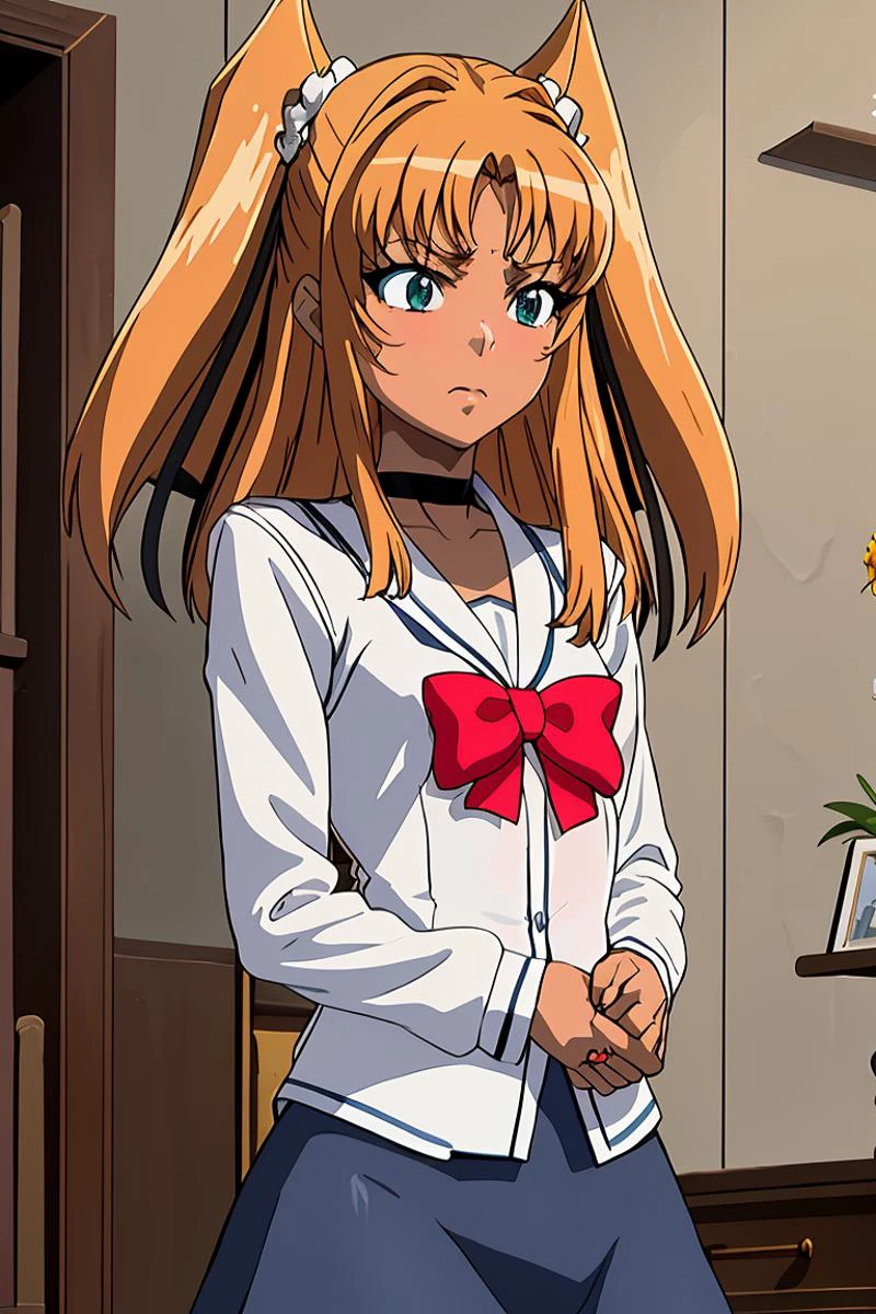 (masterpiece, best quality), 1girl, <lora:FutabaLily_v2_1:1> futabalily, two side up, flat chest, dark skin, hair ribbon, school uniform, serafuku, red bow, black choker