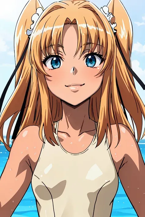 masterpiece, best quality, ultra-detailed, (perfect face, detailed face), <lora:FutabaLilyRamses:0.7>, 1girl, solo, futabalily, long hair, two side up, dark skin, hair ribbon, flat chest, smile, white school swimsuit, cowboy shot