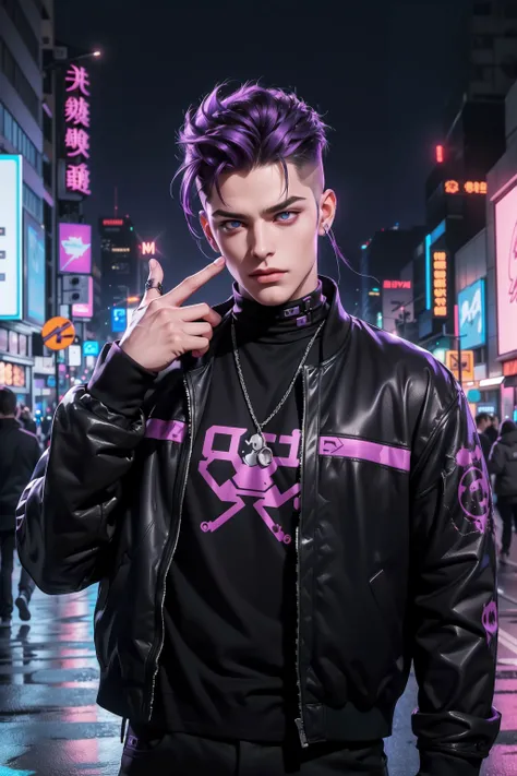 1male, heterochromia, cold eyes, purple hair, smug expression, highly detailed black clothes, Cyberpunk Style, Cyberpunk Cityscape in Background, Neon Signs, beautiful hands, perfect hands, <lora:Gun2Head11:1>( fg2h, fingergun to head:1.2), <lora:Cyberpunk_style:0.4> , <lora:GoodHands-vanilla:0.8>