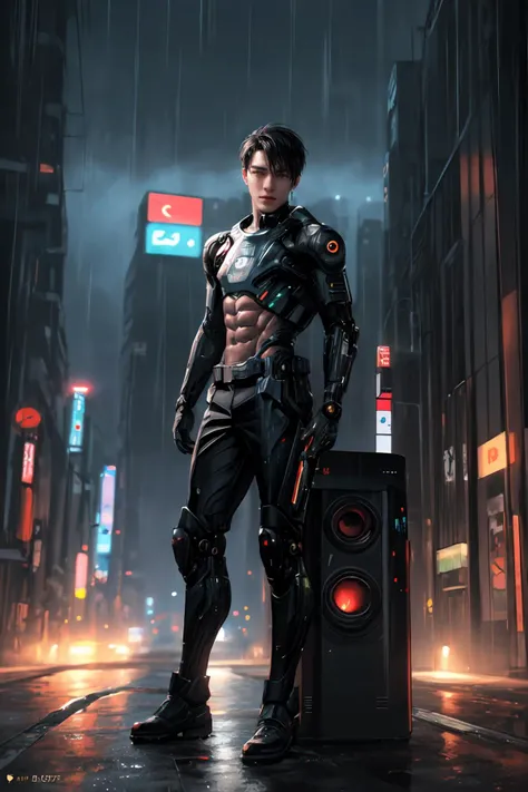 1boy, 1man, mature, (male focus: 1.5), (android:1.5), cyborg parts, mechanical, (lips slightly parted:1.3) (eyes half open:1.3), grey eyes, detailed pupils, hair between eyes, black hair, short hair, solo, abs, absurdres, high res, ultrasharp, 8K, masterpiece, (medium shot:1.5) (looking at viewer:1.5) <lora:add_detail:1>, cyberpunk, in heavy raining futuristic tokyo rooftop cyberpunk night, sci-fi, fantasy, intricate, very very beautiful, elegant, neon light, highly detailed, digital painting, artstation, concept art, soft light, hdri, smooth, sharp focus, illustration,, ((Full-Body Shot))