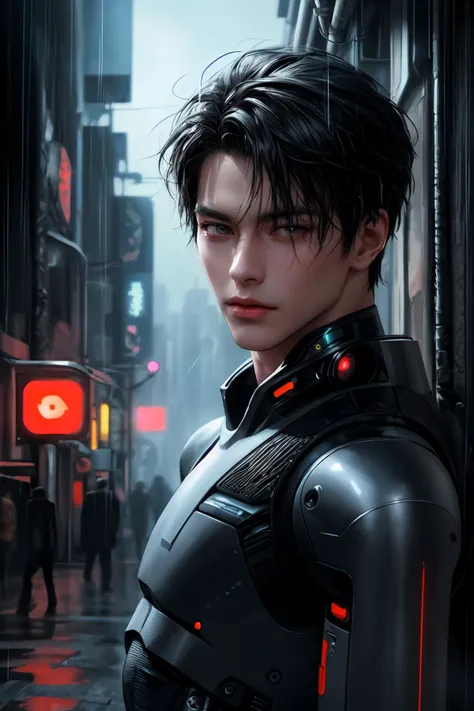 1boy, 1man, mature, (male focus: 1.5), (android:1.5), cyborg parts, mechanical, (lips slightly parted:1.3) (eyes half open:1.3), grey eyes, detailed pupils, hair between eyes, black hair, short hair, solo, abs, absurdres, high res, ultrasharp, 8K, masterpiece, (medium shot:1.5) (looking at viewer:1.5) <lora:add_detail:1>, cyberpunk, in heavy raining futuristic tokyo rooftop cyberpunk night, sci-fi, fantasy, intricate, very very beautiful, elegant, neon light, highly detailed, digital painting, artstation, concept art, soft light, hdri, smooth, sharp focus, illustration,, ((Ground-Shot Angle))