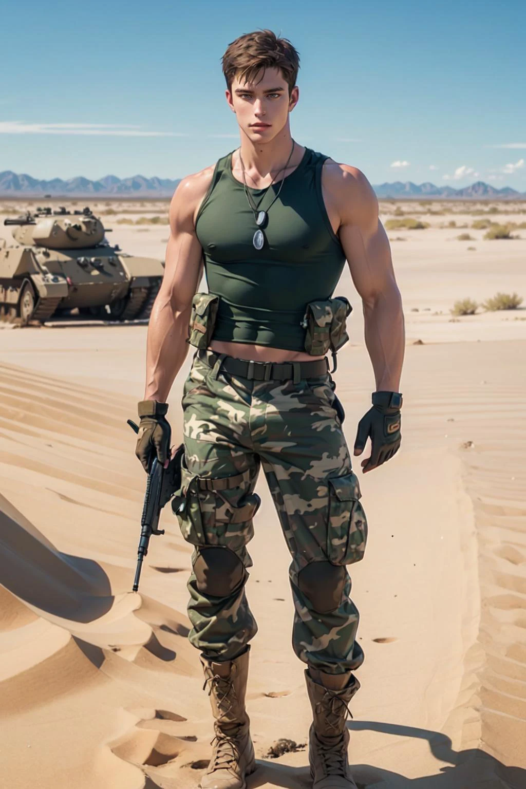 ((masterpiece)), ((best quality:1.2)), High Resolution, 8k, (ultra_realistic:1.3), (photorealistic:1.4), sharp focus, yaoi, 1boy, (perfect face), American soldier, caucasian, white man, handsome <lora:Clothing - Sexy Soldier_v1:0.8> sexysoldier, camouflage pants, tank top, dog tags, gloves, boots, ammunition belt, desert environment