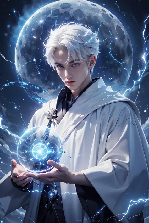 best quality,masterpiece,absurbres,super-resolution,
1male,magic circle,upper_body,white hair,single focus,front,White robe,glowing blue wings,glowing blue weapons,(moon, starry sky, meteor),<lora:AIThunderMagic-22:0.7>,thundermagic,excessive energy,charged aura,