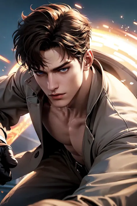 1boy in a trench brown coat, shirtless, and gloves, detailed face, action pose, dynamic shot, view from top, battle field, jingxuan, <lora:éç大å¸
å¥_1.0:0.7> <lora:add_detail:1>