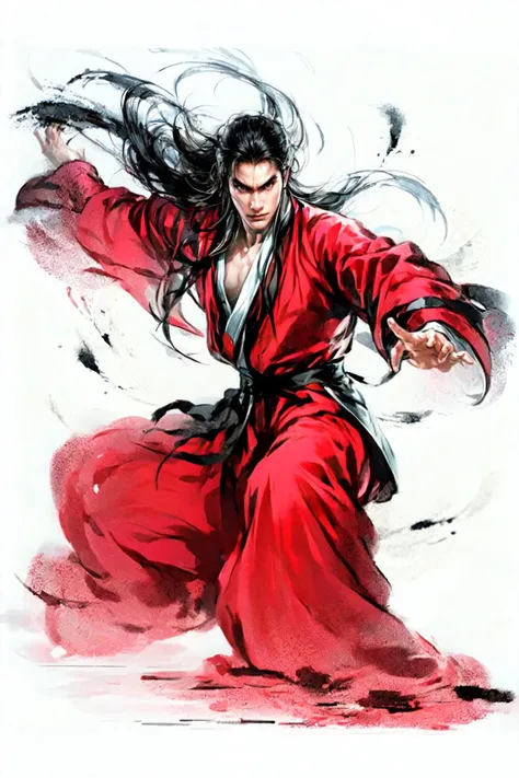 monochrome, ink sketch, 1boy, asian (22 y.o. handsome young man), fighting stance, looking at viewer, long hair, floating hair, action pose, dynamic shot, hanfu, chinese clothes, long sleeves, (abstract ink splash:1.2), white background
<lora:add_detail:1>,<lora:InkIsEverythingV1:0.8>, <lora:Sanguo_v11:1>