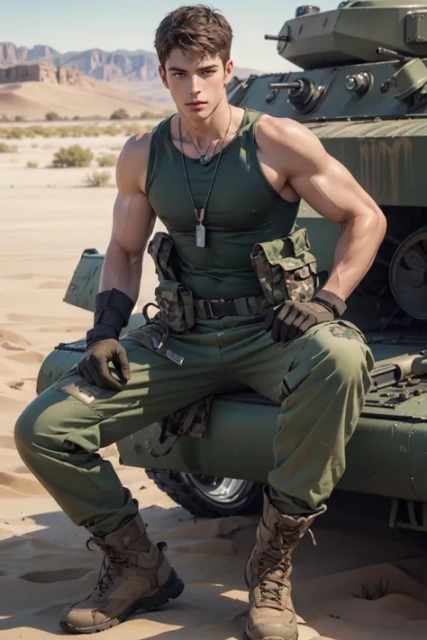 ((masterpiece)), ((best quality:1.2)), High Resolution, 8k, (ultra_realistic:1.3), (photorealistic:1.4), sharp focus, yaoi, 1boy, (perfect face), American soldier, caucasian, white man, handsome <lora:Clothing - Sexy Soldier_v1:0.8> sexysoldier, camouflage pants, tank top, dog tags, gloves, boots, ammunition belt, desert environment