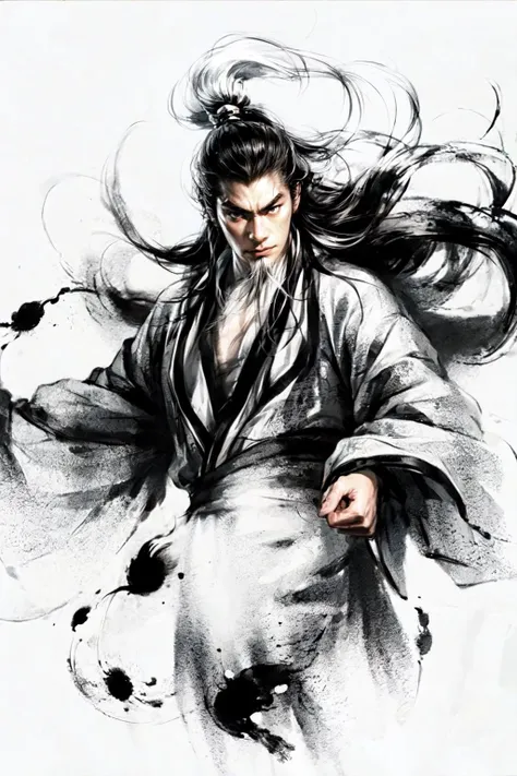 monochrome, ink sketch, 1boy, asian (middle age man), (long beard, facial hair), fighting stance, looking at viewer, long hair, floating hair, hanfu, chinese clothes, long sleeves, (abstract ink splash:1.2), white background
<lora:add_detail:1>,<lora:InkIsEverythingV1:0.8>, <lora:Sanguo_v11:1>