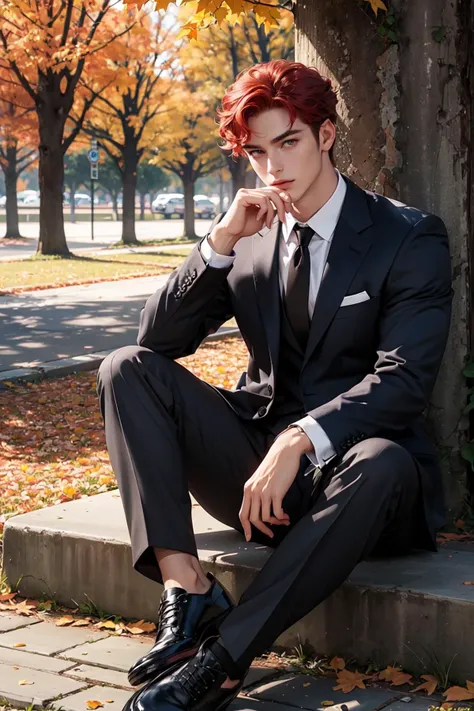 handsome male,muscular,red hair,curly_hair,suit,shoes,cross necklace,best quality,sitting,day,in autumn,flower,