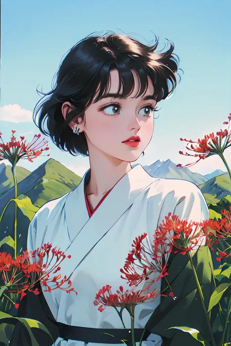 1girl,spider lily,sky,mountain,upper_body,<lora:Naoko_Takeuchi-08-NAI:0.5>,Naoko Takeuchi Style,traditional media,retro art style,<lora:æ»å3dSlider_v2:-1>,