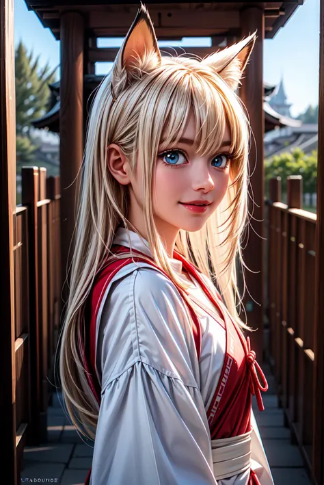 <lora:hyperdetailer_v080:1>,insanely detailed,absurdres,ultra-highres,ultra-detailed,best quality,1girl,solo,(toddler, small:1.3),(wearing miko costume:1.2),happy smile,laugh,closed mouth,standing,from side,cute pose,cowboy shot,slender,kawaii,perfect symmetrical face,ultra cute girl,ultra cute face,ultra detailed eyes,ultra detailed hair,ultra cute,ultra beautiful,(in shrine:1.2),medium breasts,white long hair,blue eyes:1.3),fox ear,