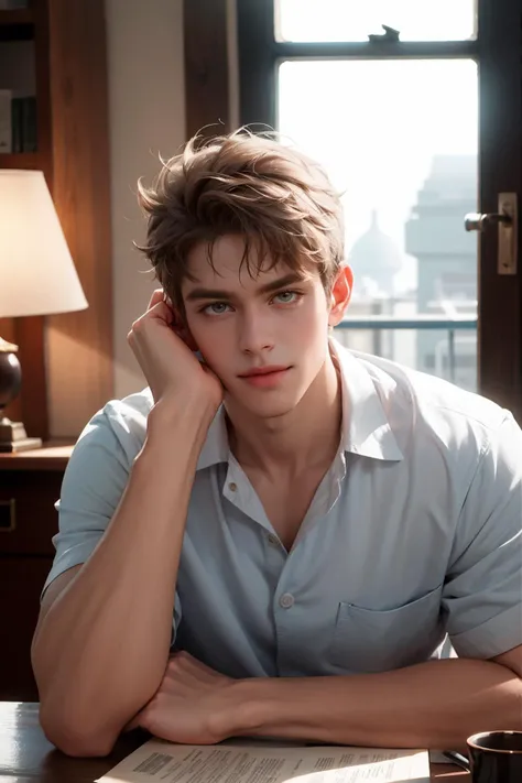 photo of handsome guy, 30yo, crisp clean lighting,  at office, officer, eyeglasses, (natural lighting:studio lighting:0.5), sophisticated elegant mood, stained, highly detailed, found footage, masculine, elegant pose, broad shoulders, facial hair, morning hair messy, messy curly hair, muscular male, beard, vintage, biceps, look at looking at viewer, full beard, sunburn, caucasian, white man, european man, wake up pose, full long beard, mustache, morning time, chill, feel good, (masterpiece, best quality:1.5), <lora:dolph_lambert:0.7>, dolph lambert, at work, wearing business suit, working time, laughing, hint smile, face focus, (masterpiece,best quality:1.5)