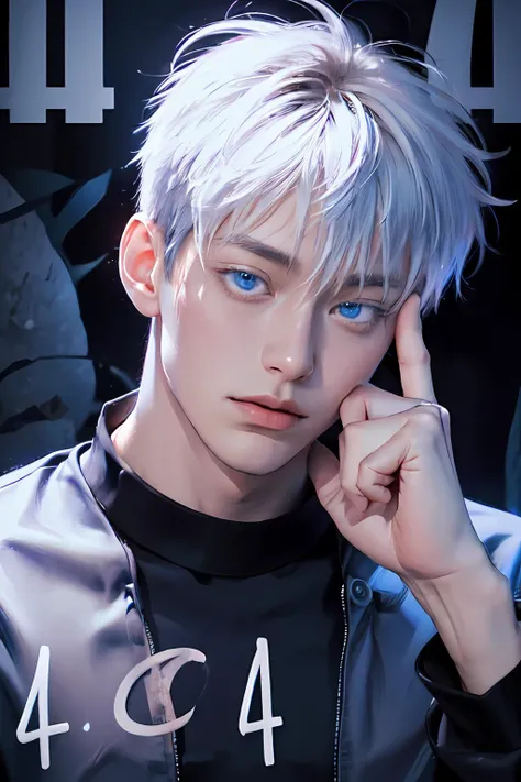 Incrs404,english text,Written On Clothes,1male,portrait,<lora:mansatorugojo-10:1>,satoru gojo,white hair,short hair,hair between eyes,blue eyes,colored eyelashses,<lora:404:1>,thumbs_up,cowboy_shot,