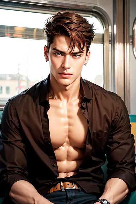 We were on the train, a handsome man approached me with his shirt open,
male, handsome, brown hair, earrings, (photorealistic:1.4), <lora:jackson:0.6>,