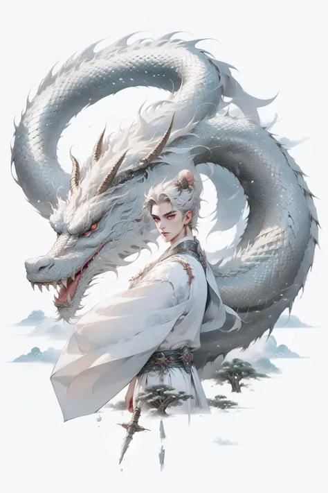 portrait of (1man), 22 y.o., ((long floating white hairs)), action pose, hanfu fashion, (half_body:1.5), red chinese dragon background, red eastern dragon, white theme,
Eastern_dragon <lora:dragon_years_v1.0:1>, <lora:Lora-Custom-ModelLiXian:0.6> , gufeng <lora:_20230814235648:0.9>, <lora:lit:0.9>