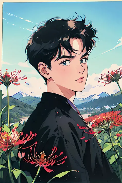 1boy,spider lily,sky,mountain,upper_body,<lora:Naoko_Takeuchi-08-NAI:0.5>,Naoko Takeuchi Style,traditional media,retro art style,<lora:æ»å3dSlider_v2:-1.5>,